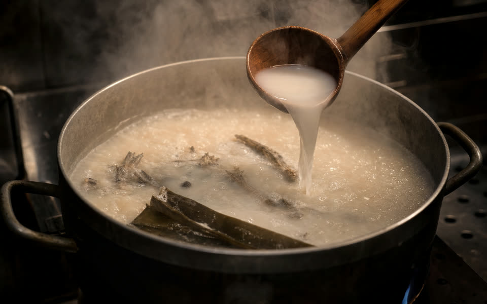 大湯鍋裡滾著乳白高湯，木勺舀起濃白湯頭，冒著蒸氣